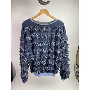 Rare Vtg 80s Paula Sweet Muslin Mink Fringe Denim Sweatshirt Top Sweater